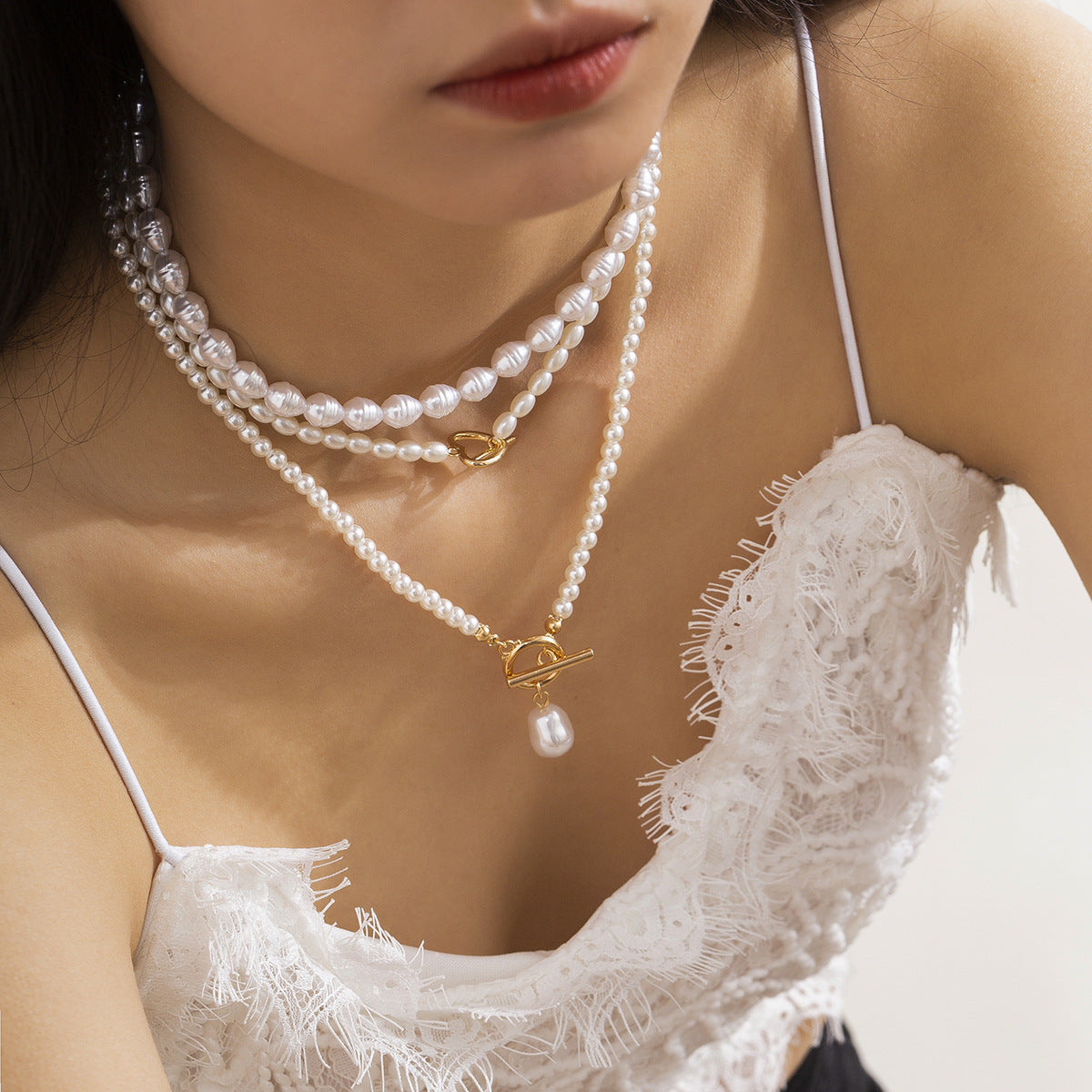 Multi-layer Rice-shaped Imitation Pearl Necklace